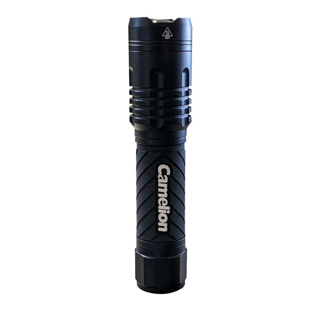 Camelion T258 1000LM LED Flashlight showcasing its durable aluminum body and adjustable focus beam.